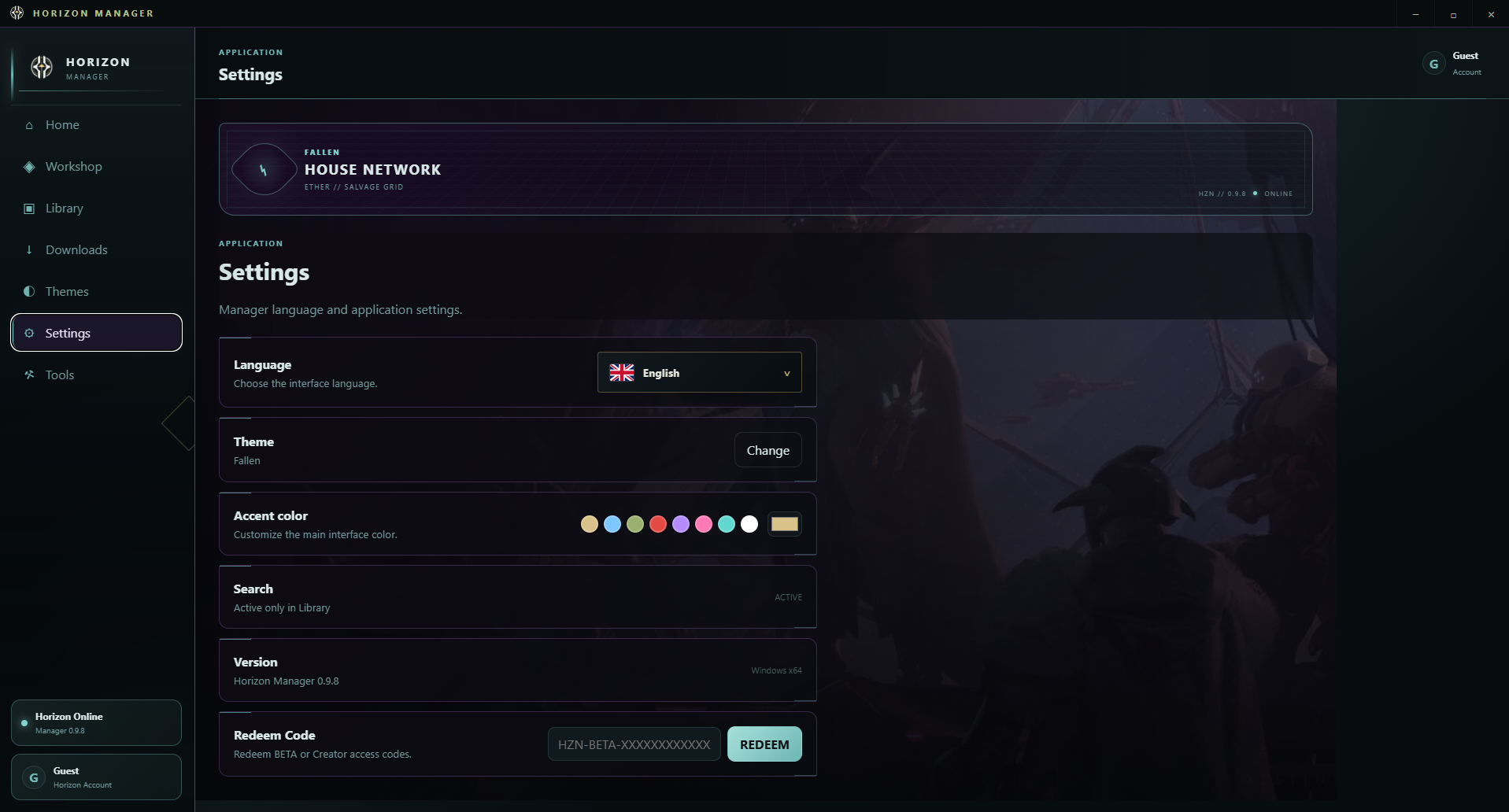 Horizon Manager Settings page