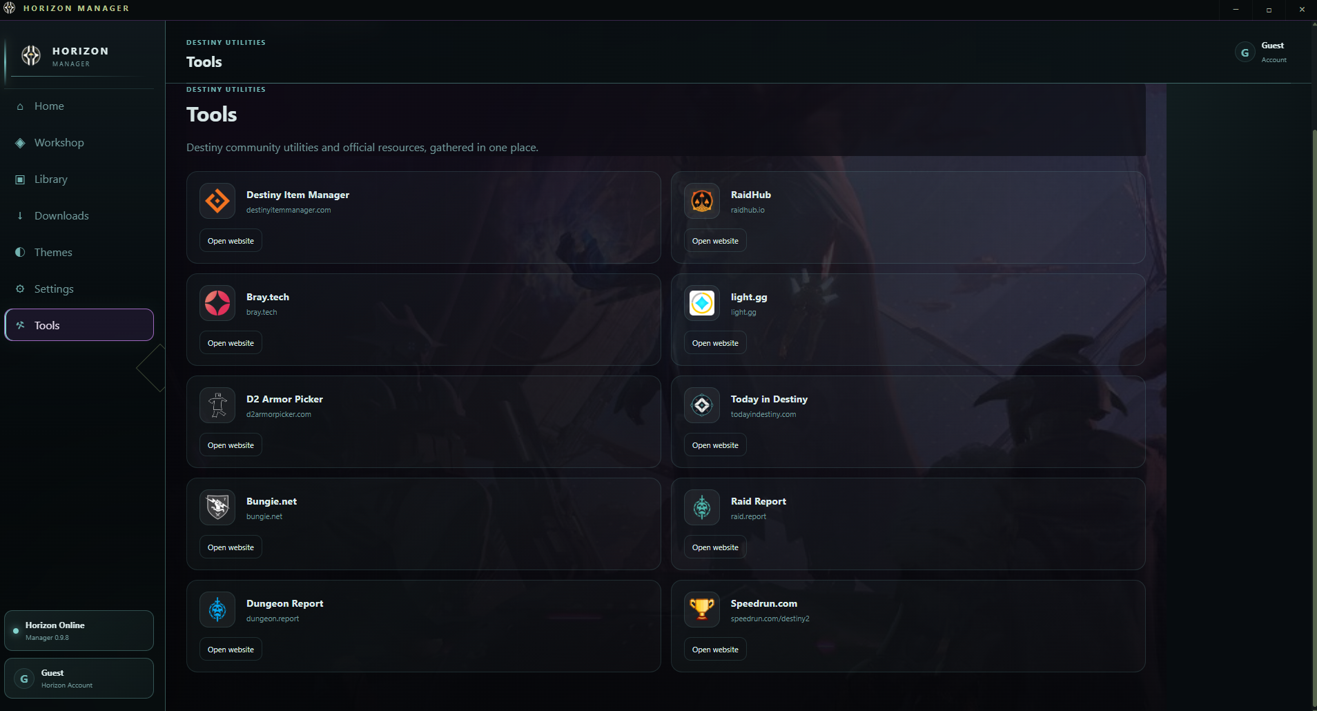 Horizon Manager Tools page
